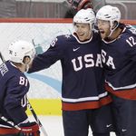 Phil Kessel (81), Joe Pavelski (16), and Ryan Malone (12) celebrate a 1st period goal by Malone, Team USA's first in the period.
